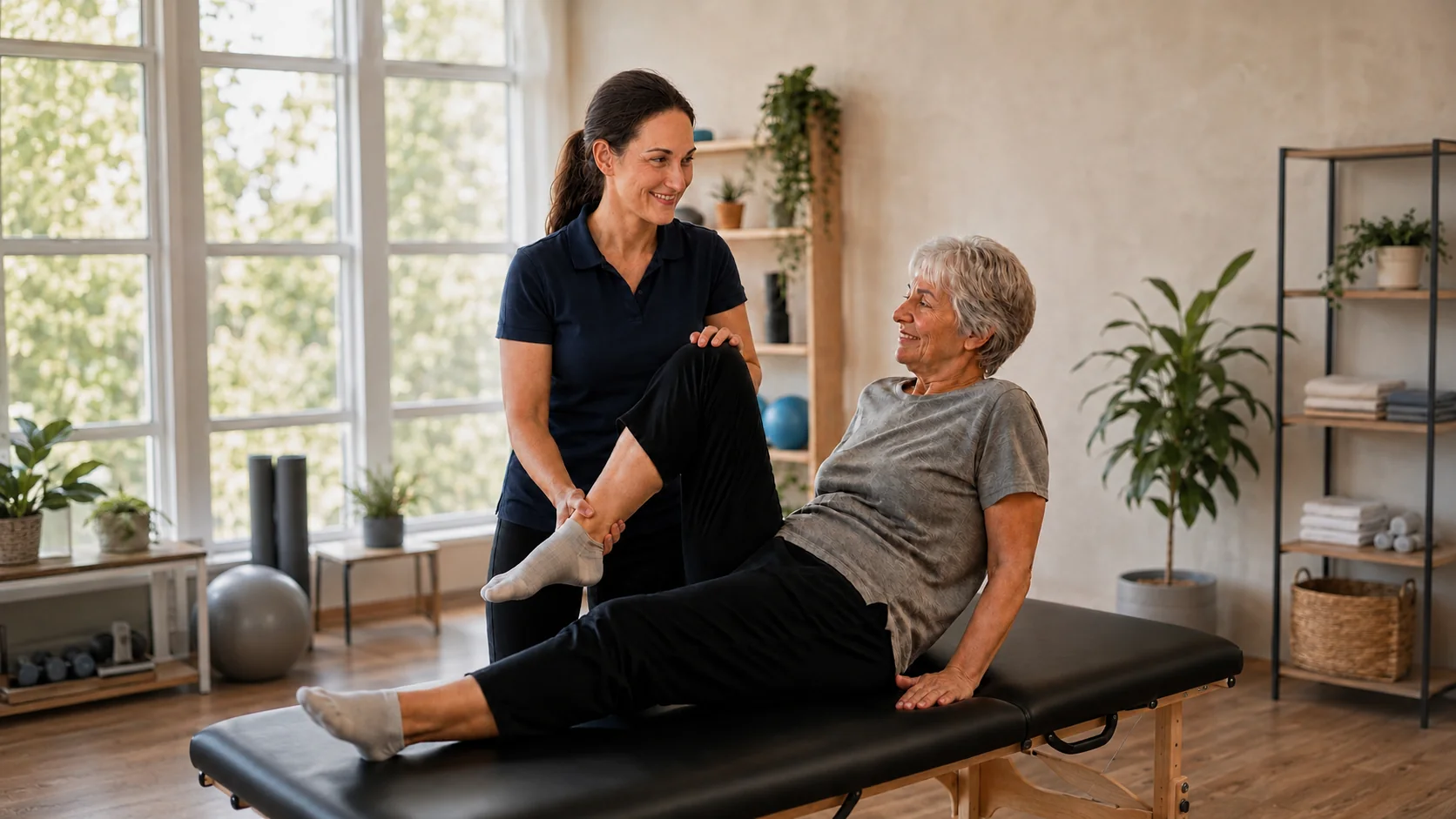 Physiotherapeutin mobilisiert das Bein einer Patientin auf der Behandlungsliege