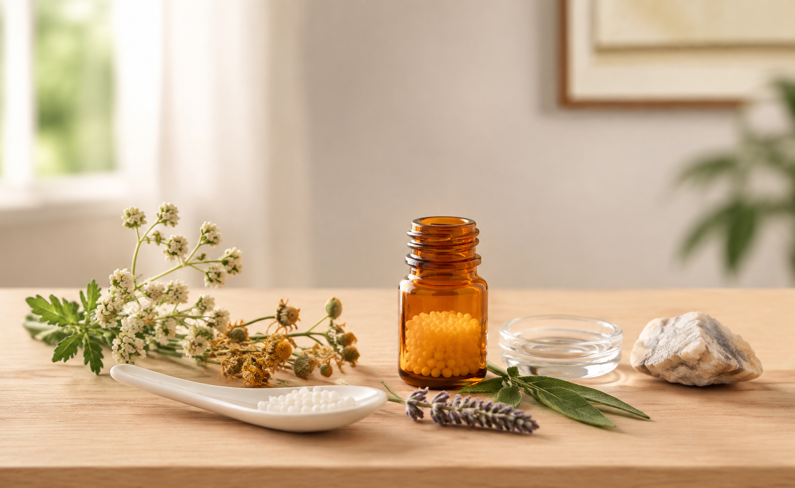 Globuli, Heilpflanzen und Mineralien als Symbol für die klassische Homöopathie