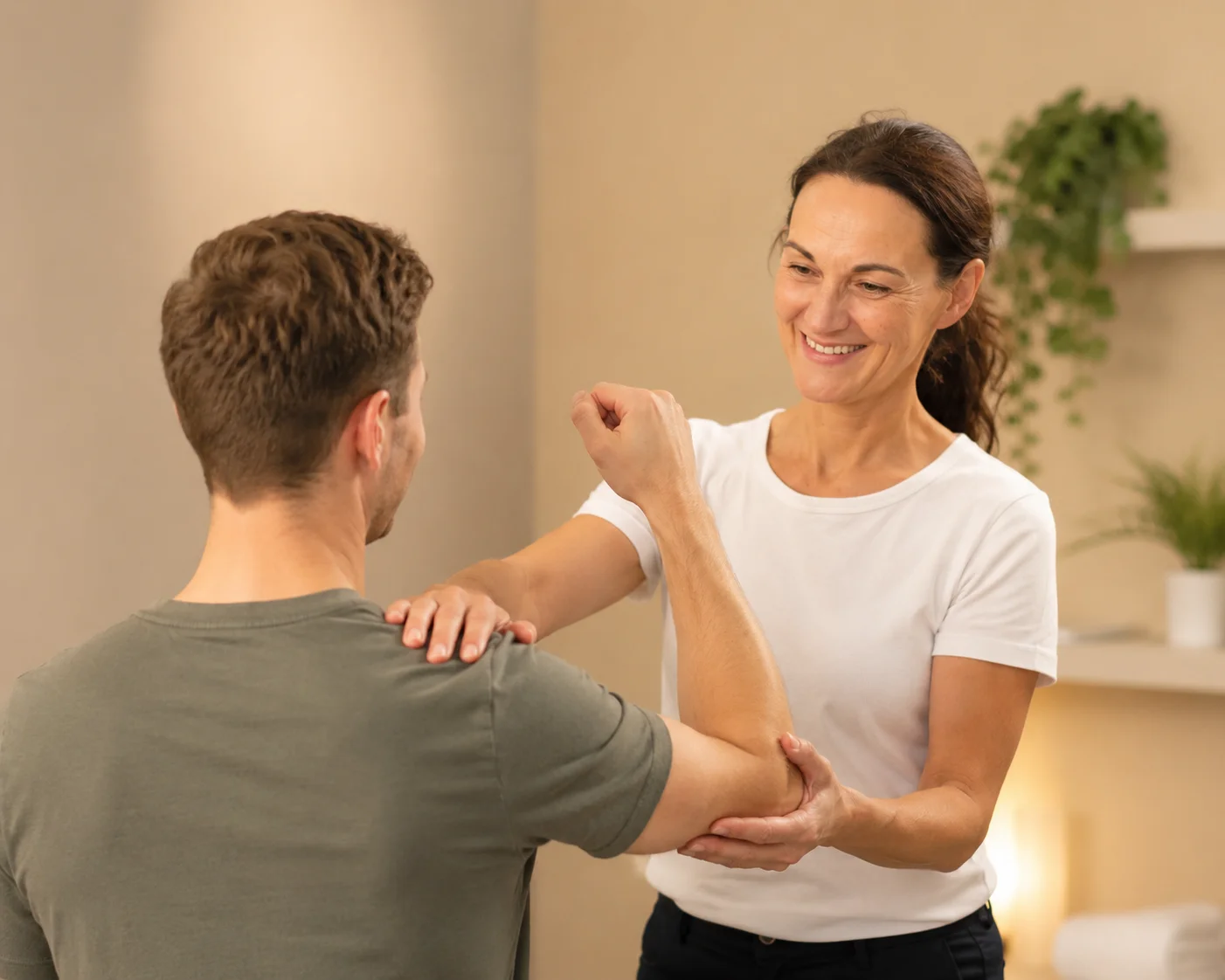 Physiotherapeutin behandelt die Schulter eines Patienten in der Praxis