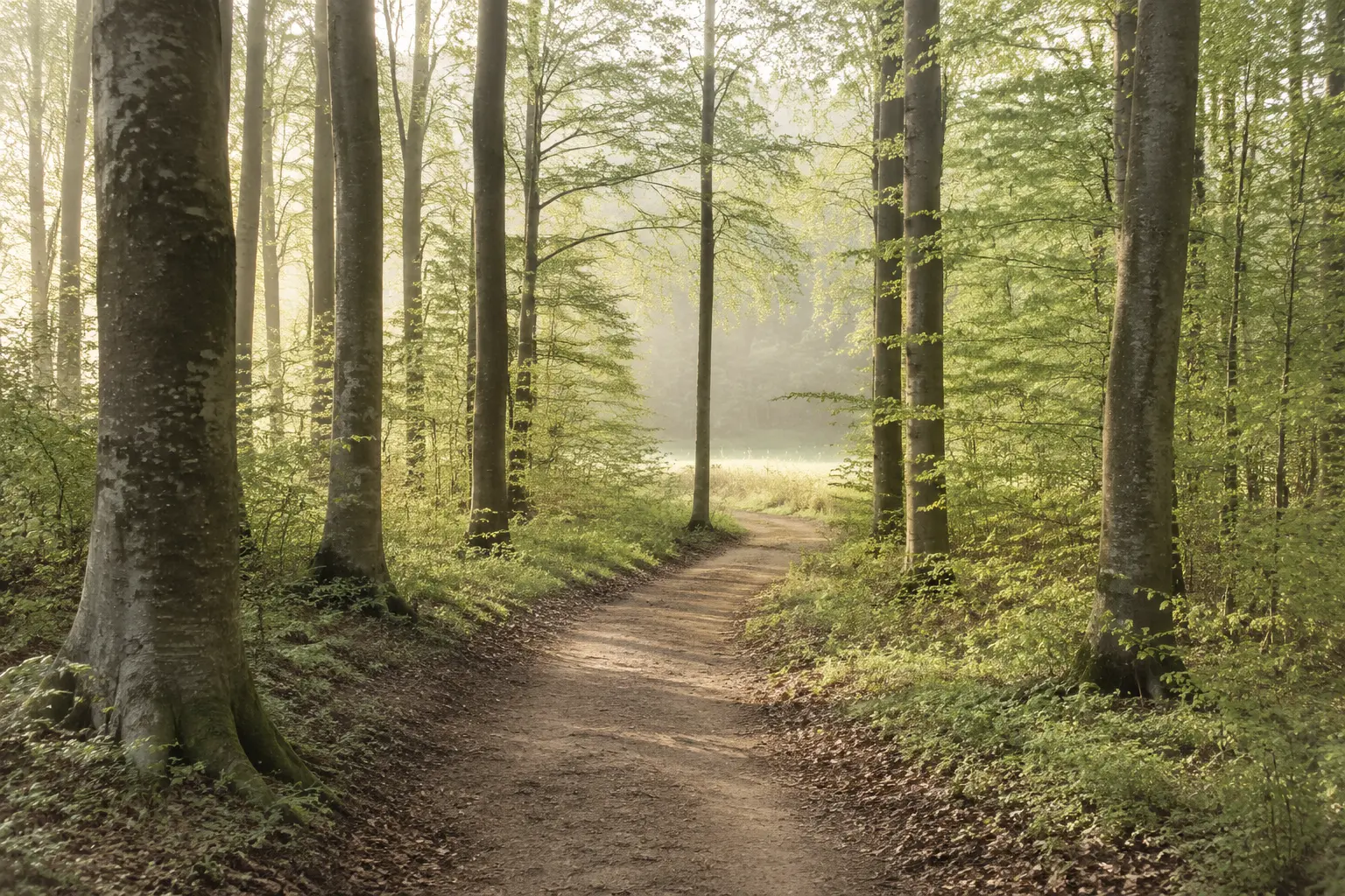 Ein sonniger Waldweg, der Persönlichkeitsentwicklung als bewussten Weg symbolisiert