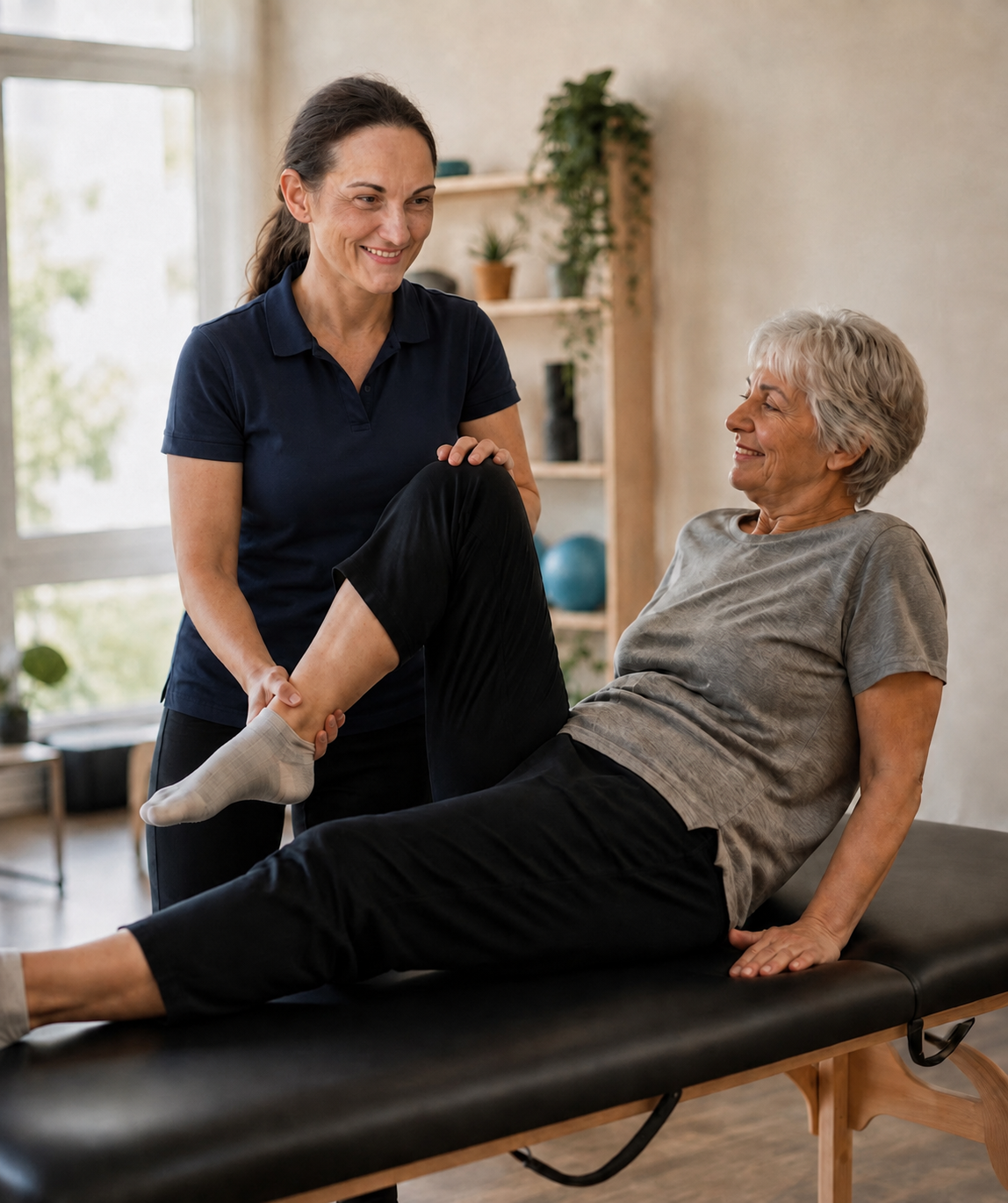 Physiotherapeutin mobilisiert das Knie einer Patientin auf der Behandlungsliege