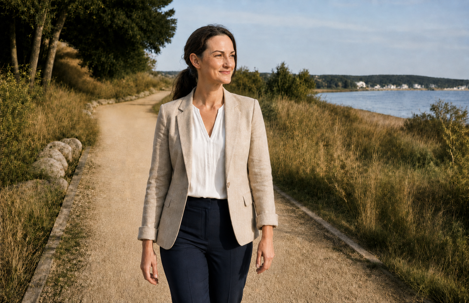 Coach am Uferweg in natürlicher, ruhiger Umgebung