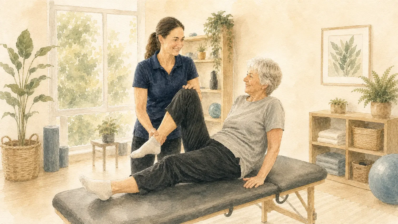 Physiotherapeutin mobilisiert das Bein einer Patientin auf der Behandlungsliege